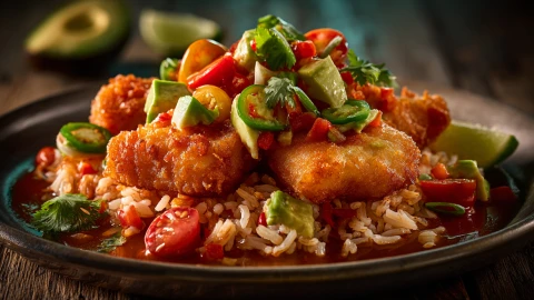 Arroz Rojo with Tempura Fish and Avocado Salsa