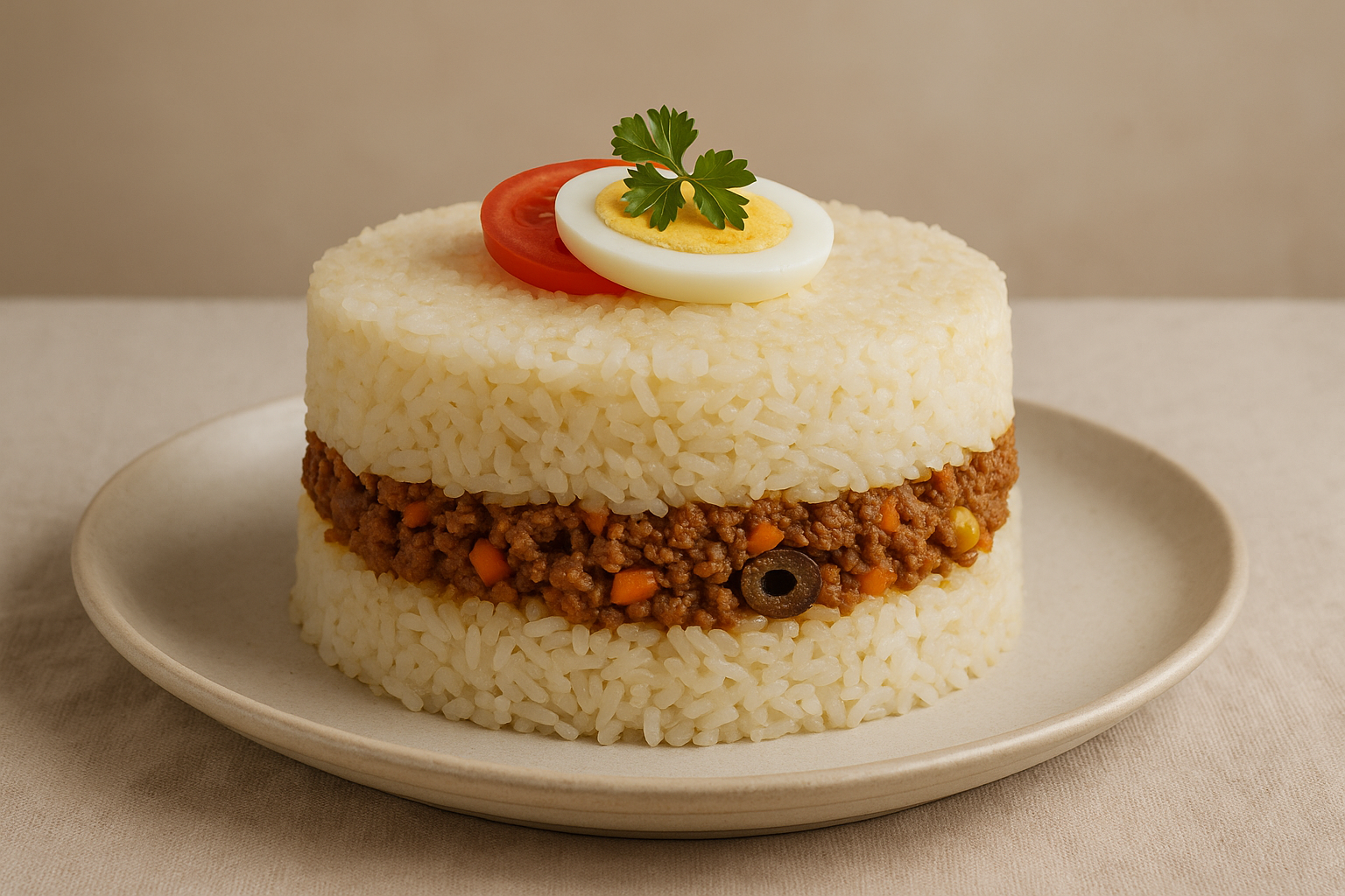 Fotografía de un plato de Arroz Tapado peruano con arroz y relleno de carne.