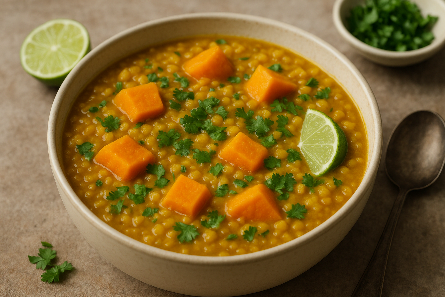 A bowl of Peruvian-style red lentil stew with sweet potatoes, cilantro, and lime on a rustic table.
