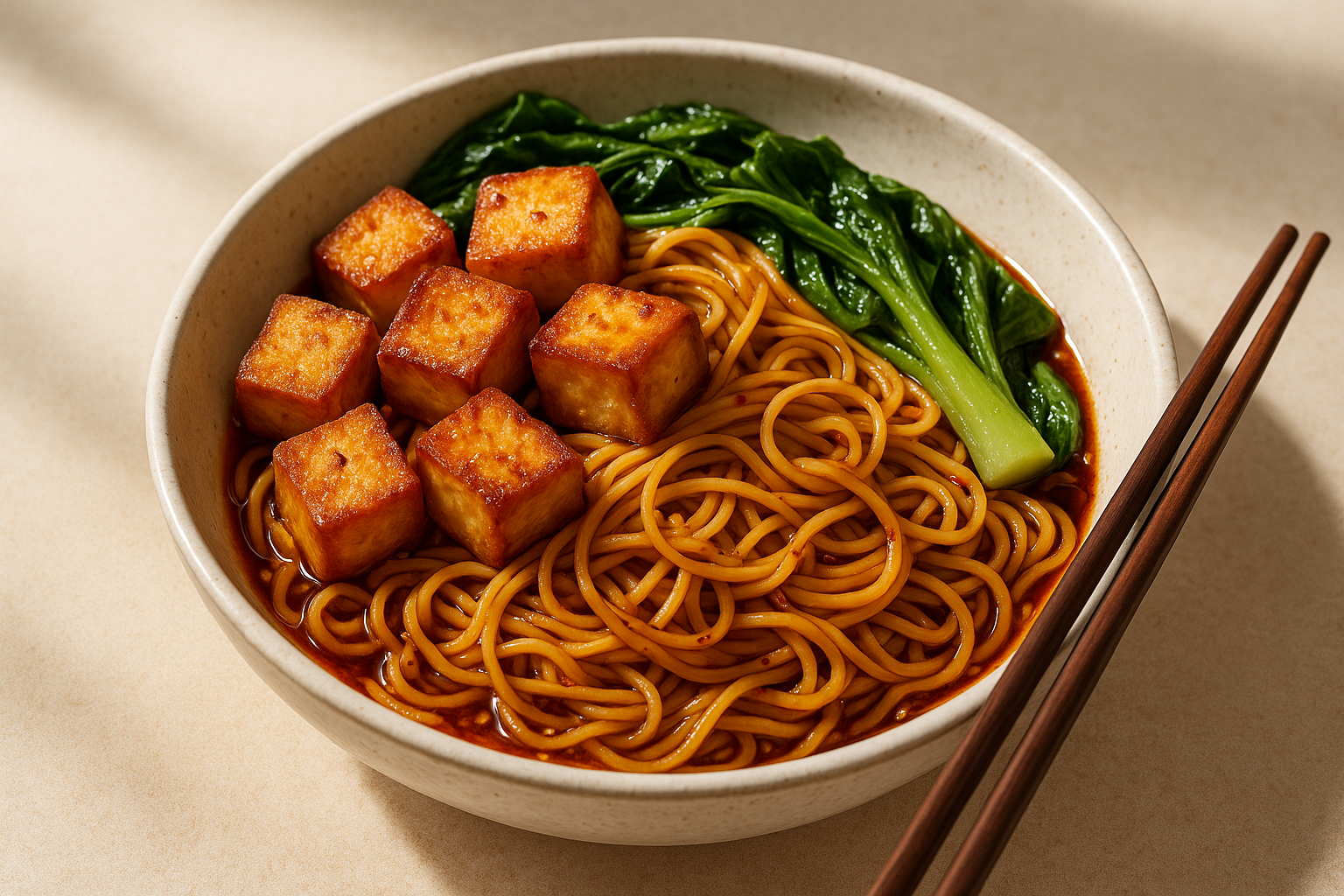 A vibrant bowl of chili oil noodles with crispy tofu and wilted greens on a sunlit table.