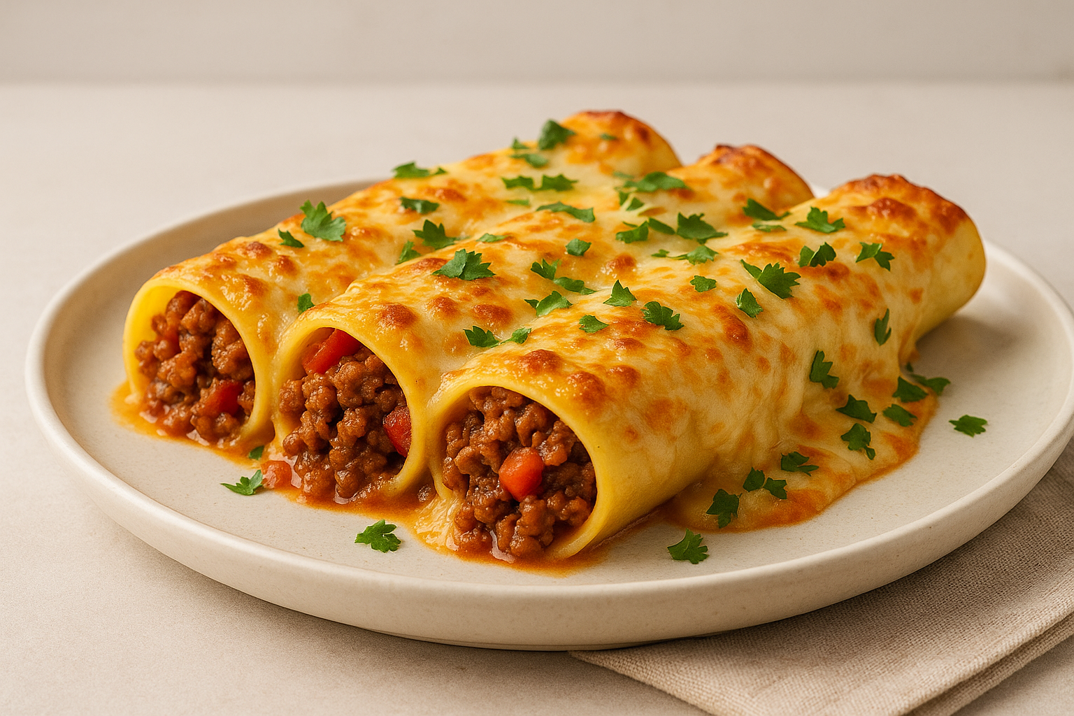 A delightful plate of taco-filled cannelloni with melted cheese and fresh herbs.