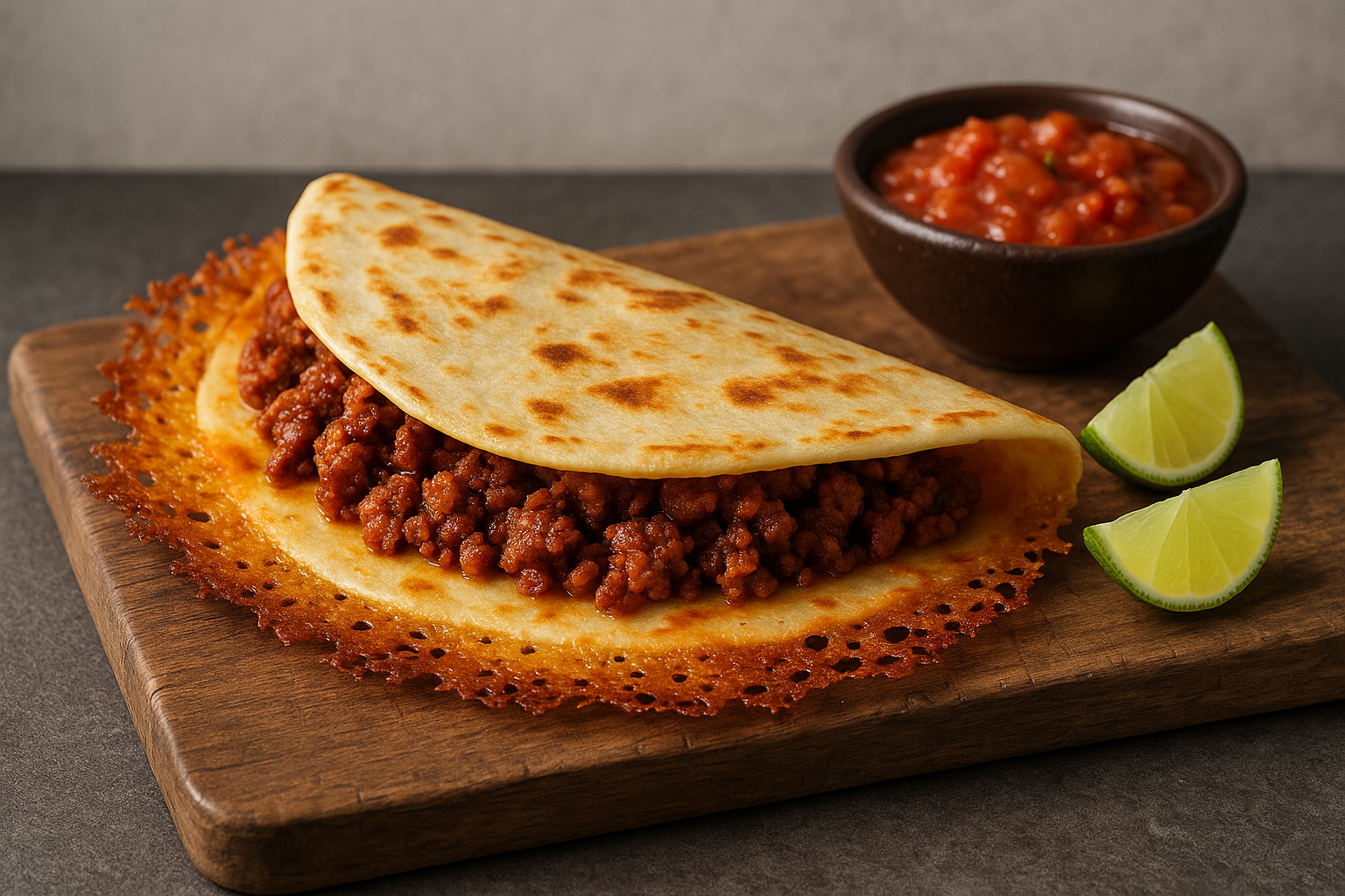 Skillet-charsed chorizo quesadilla with lacy cheese frico, lime wedges, and salsa on a rustic board.