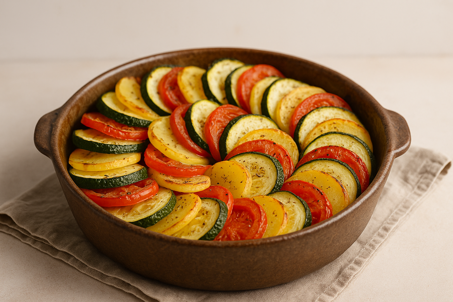 Slices of zucchini, tomato, and potato baked in a rustic Mediterranean dish.