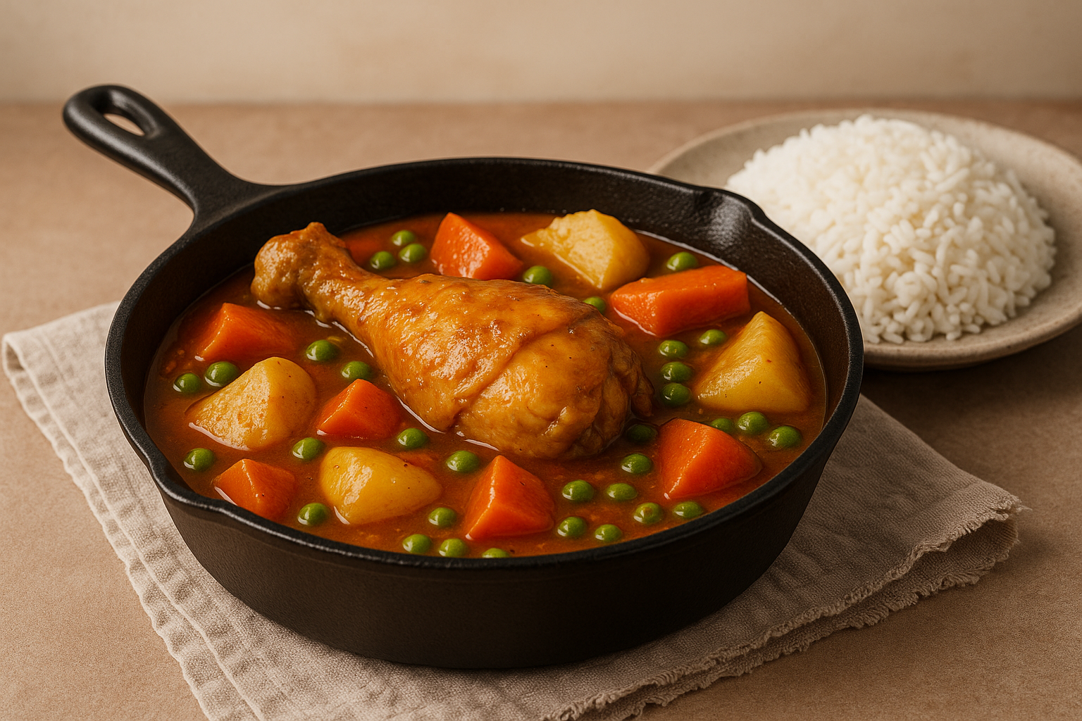 Estofado de pollo peruano en olla de hierro con papas, zanahorias y arvejas, servido con arroz blanco.